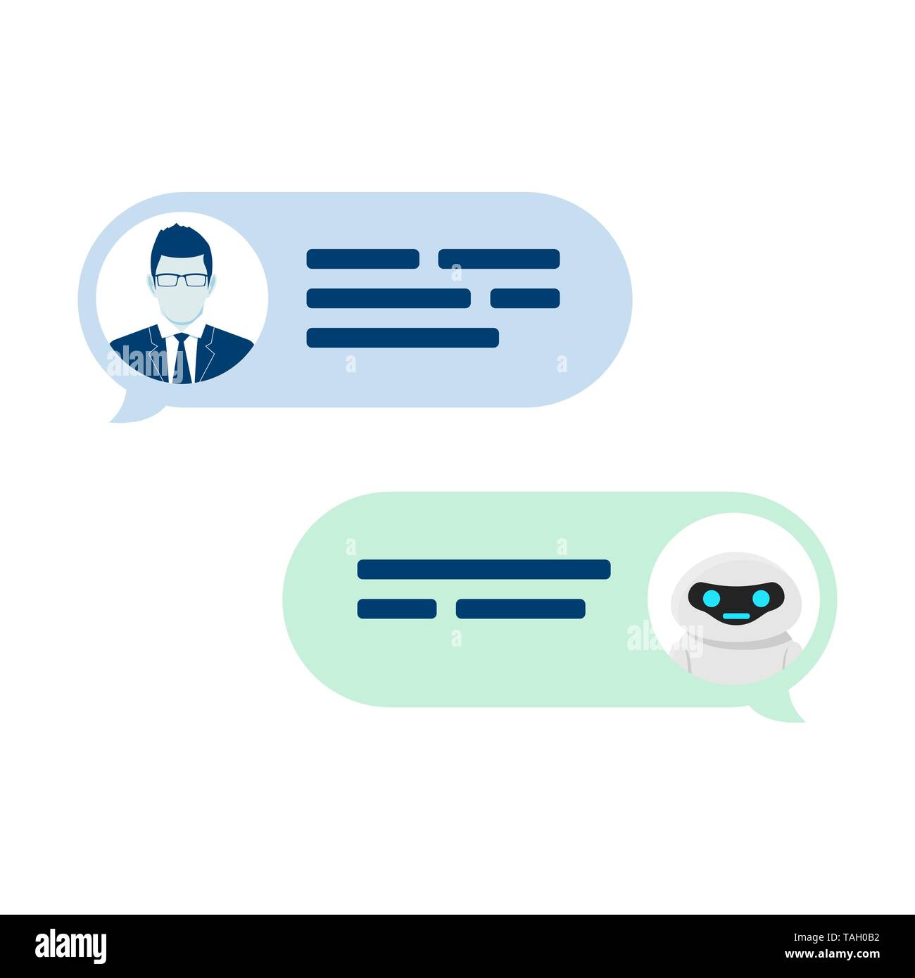 Chatbot Roboter Konzept. Hilfe zum Dialogfeld "Service. Bitten Sie den Benutzer, den Frage und bot geben Antwort. Vector Illustration auf weißem Hintergrund Stock Vektor