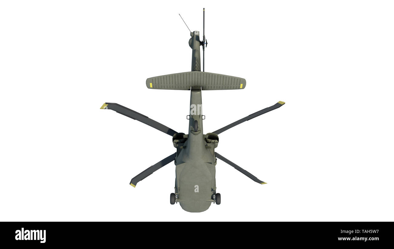 Hubschrauber im Flug, Militärflugzeuge, Armee der Häcksler auf weißem Hintergrund, Ansicht von hinten unten, 3D-Rendering Stockfoto