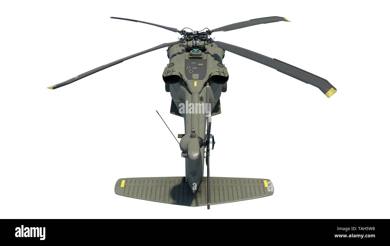Hubschrauber im Flug, Militärflugzeuge, Armee der Häcksler auf weißem Hintergrund, hintere Ansicht von oben, 3D-Rendering Stockfoto