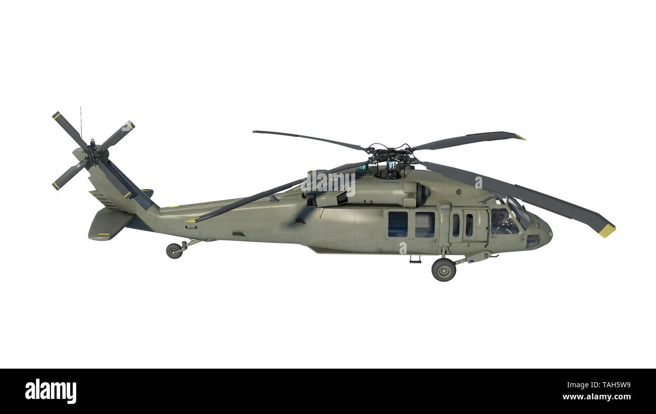 Hubschrauber im Flug, Militärflugzeuge, Armee der Häcksler auf weißem Hintergrund, Seitenansicht, 3D-Rendering Stockfoto