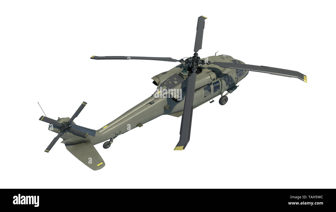 Hubschrauber im Flug, Militärflugzeuge, Armee der Häcksler auf weißem Hintergrund, Ansicht von oben, 3D-Rendering Stockfoto
