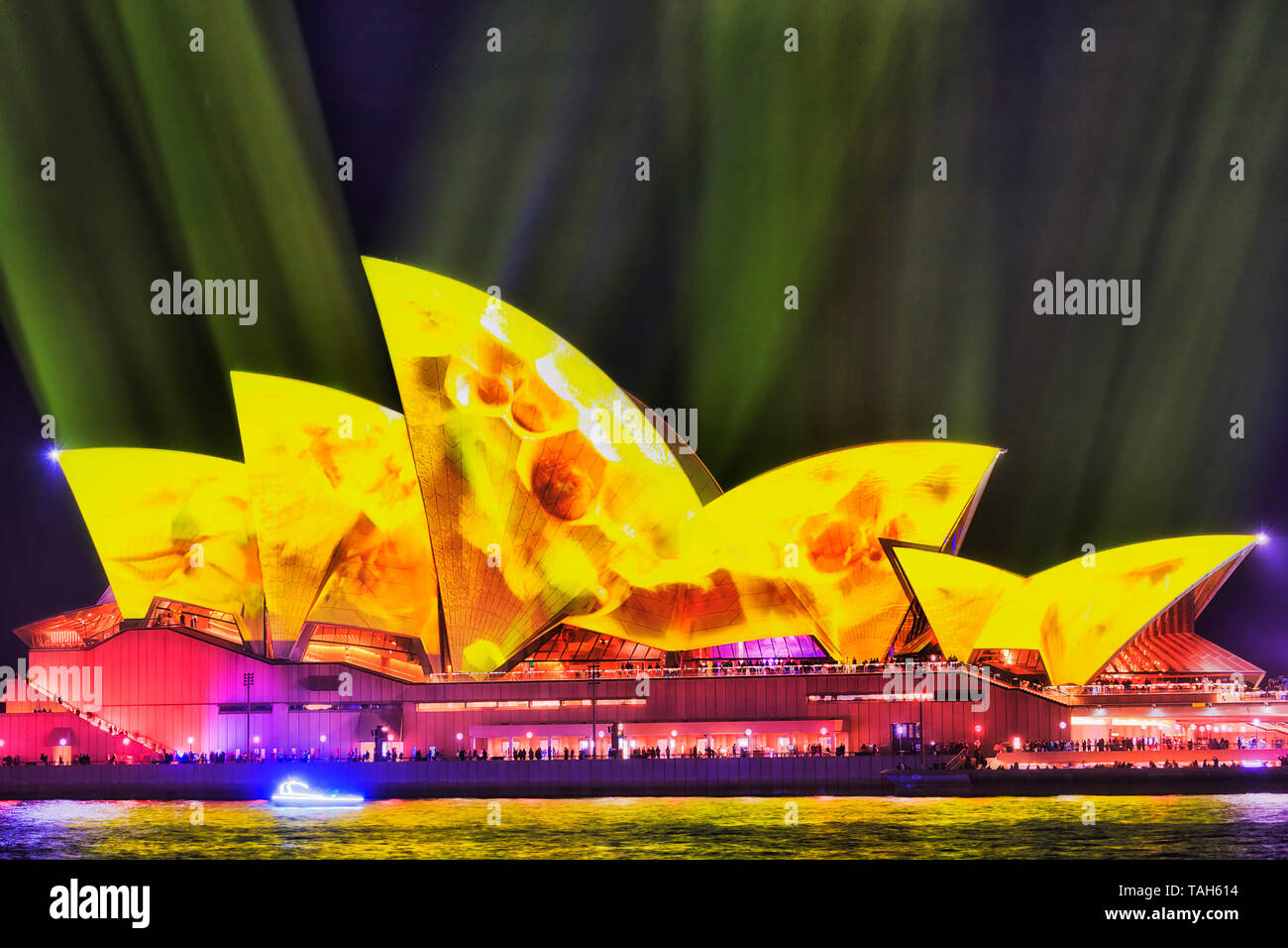 Sydney, Australien - 25. Mai 2018: Gelb schwindenden Licht gemalten Bild von Fliesen- Segel der Sydney Opera House unter gelb Ströme von Licht in dunklen Himmel Stockfoto