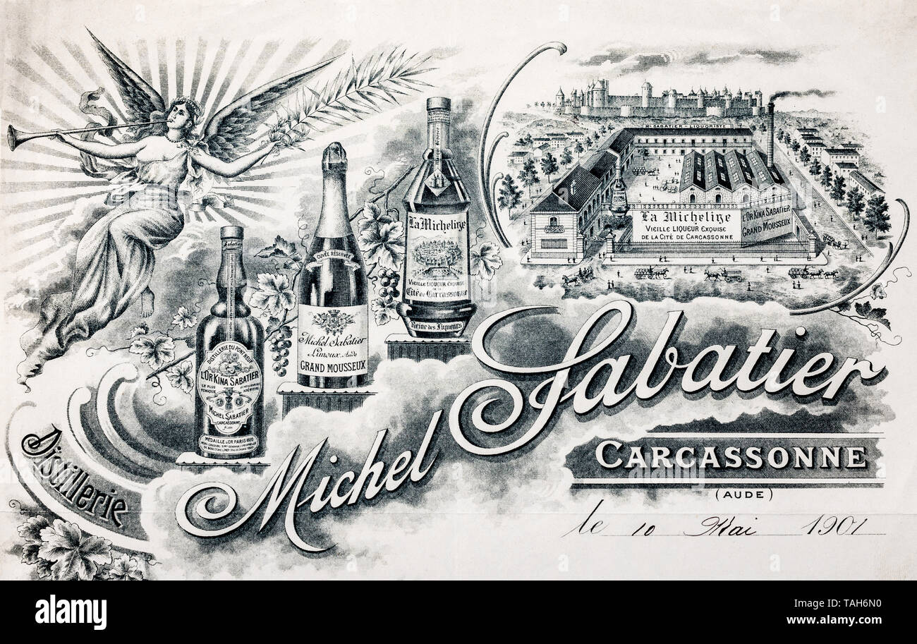 Alte illustrierte schreiben Überschrift/Rechnung von distiller - Carcassonne, Frankreich. Stockfoto