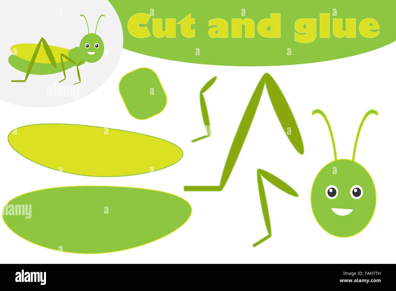 Heuschrecke im Comic-stil, Bildung Spiel für die Entwicklung der Kinder im Vorschulalter, mit Schere und Klebstoff die Zierleiste zu erstellen, zu schneiden, Teile der Stock Vektor