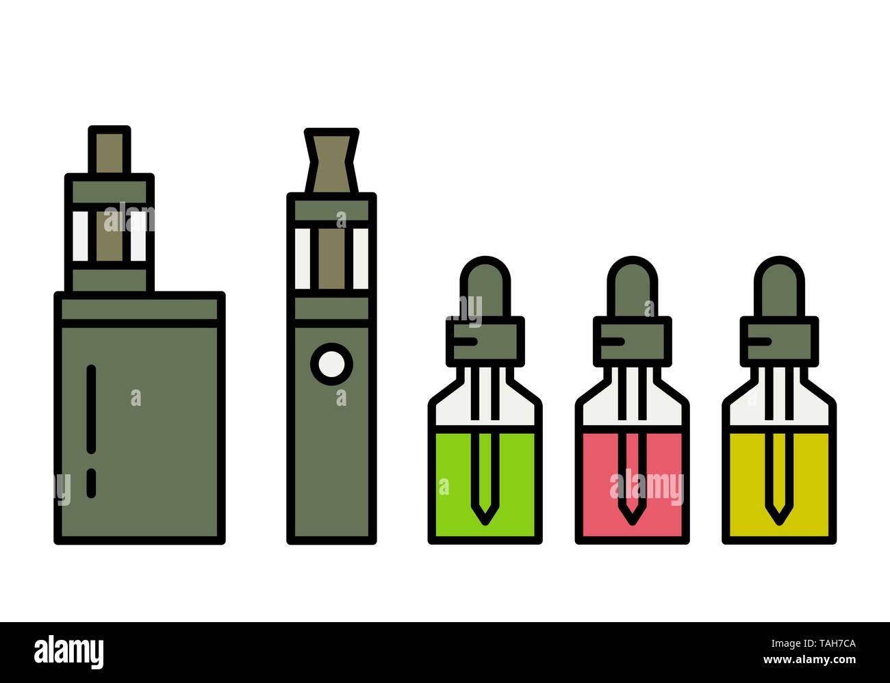 Vaping Gerät und Zubehör. Elektronische Zigarette und Flaschen mit vape Flüssigkeit. e-liquid, e-Saft. Mockup von vape Flasche mit Flüssigkeit. Isolierte Vektor Stock Vektor