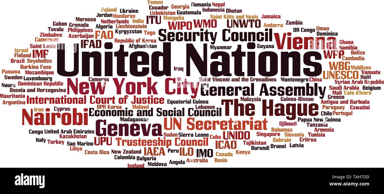 Wort Wolke Konzept der Vereinten Nationen. Collage aus Worten über die Vereinten Nationen. Vector Illustration Stock Vektor