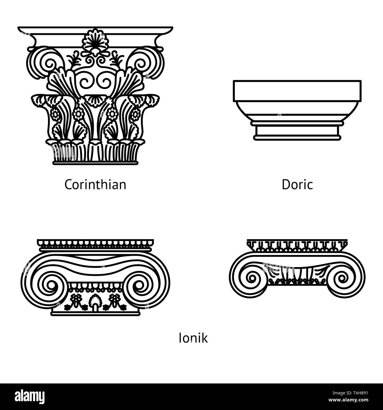 Antike der Griechischen historischen Hauptstädte für Calon: Ionische, Dorischen und korinthischen Kapitellen. Vektor linie Abbildung Stock Vektor