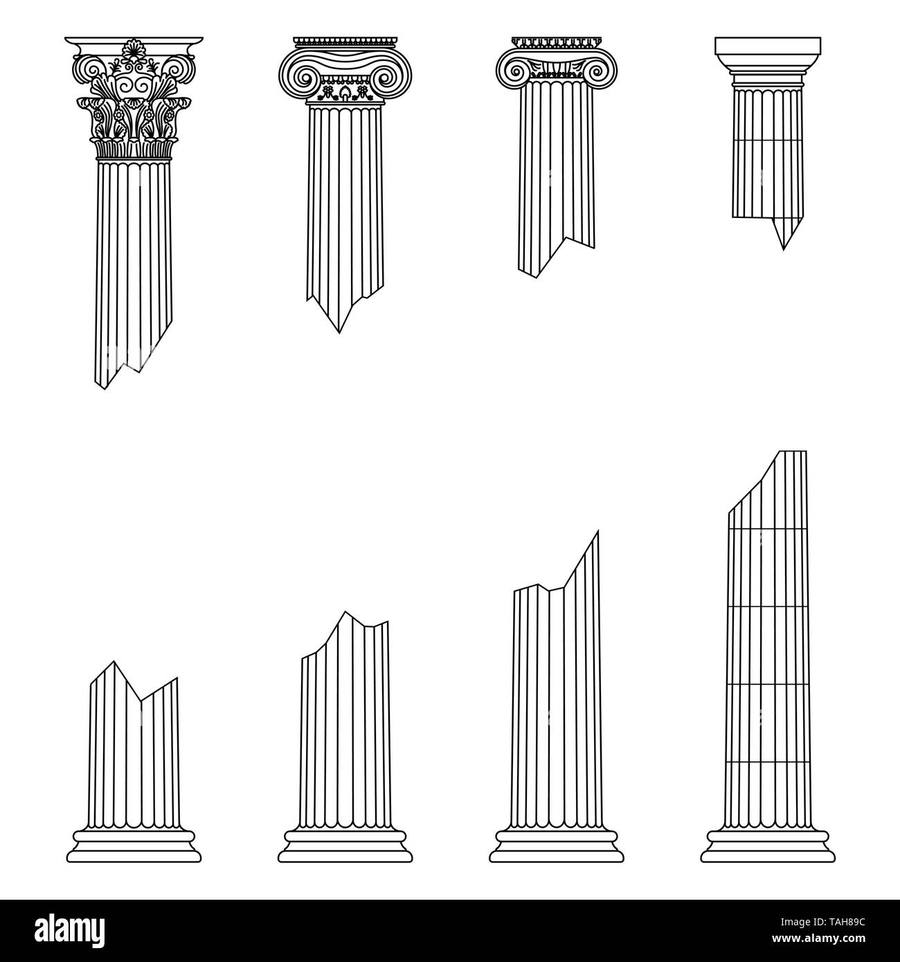 Historische griechische antike Säulen mit Kapitellen unterschiedlicher Aufträge und mit Platz für Text Vector Illustration zerstört Stock Vektor