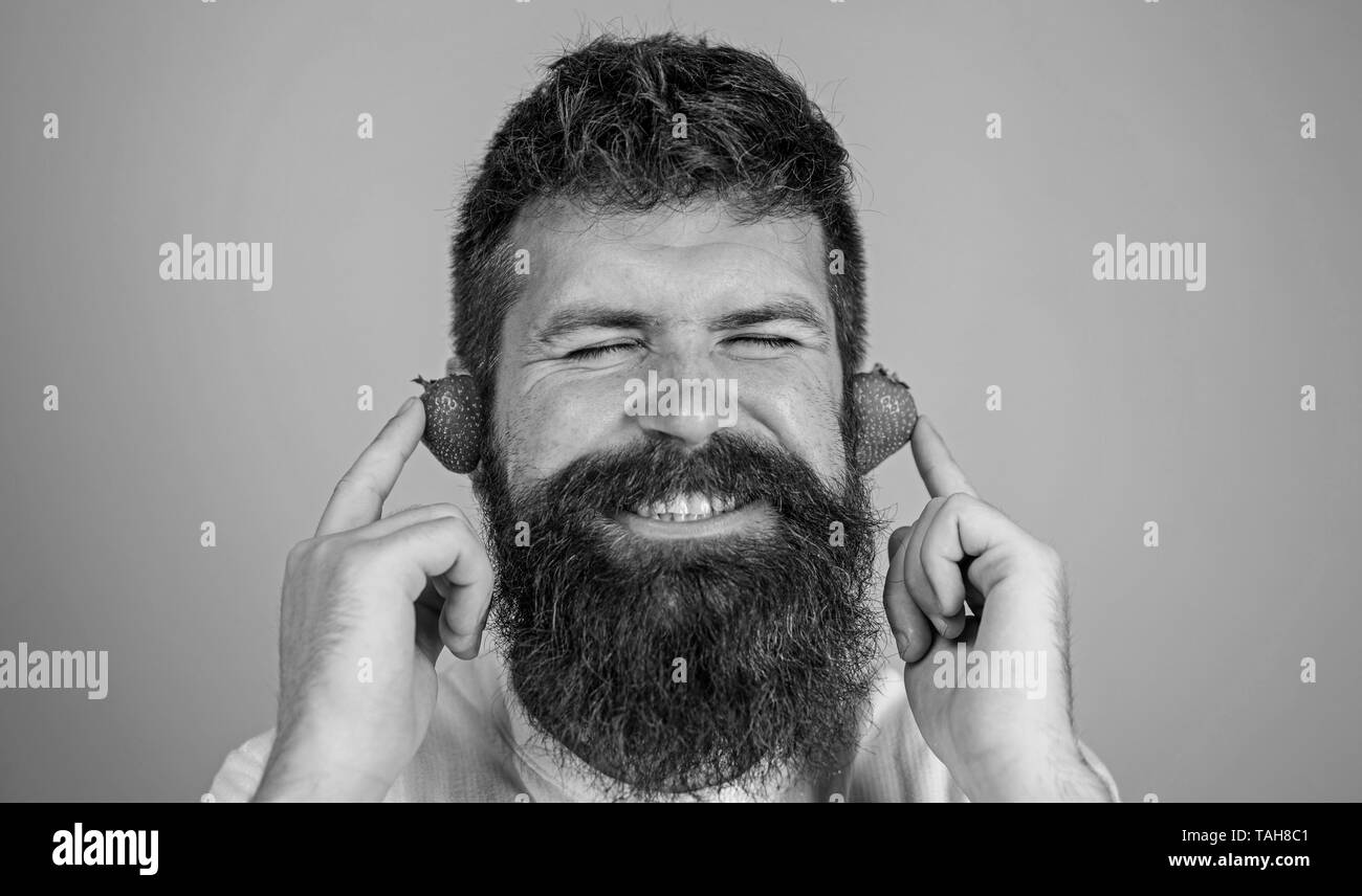 Sommer hit Konzept. Man bärtige Hipster rote reife Erdbeere Ohren als Kopfhörer. Hipster Bart hören Musik Erdbeere Ohrhörer. Sommer playlist Musik. Guy genießen saftige sound Sommer hit Musik. Stockfoto