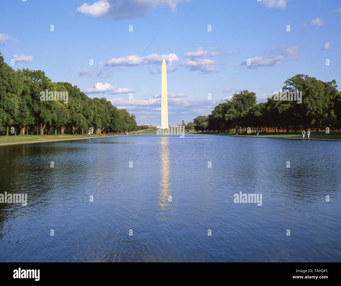 Washington Monument und der Lincoln Memorial Reflecting Pool, Washington DC, Vereinigte Staaten von Amerika Stockfoto