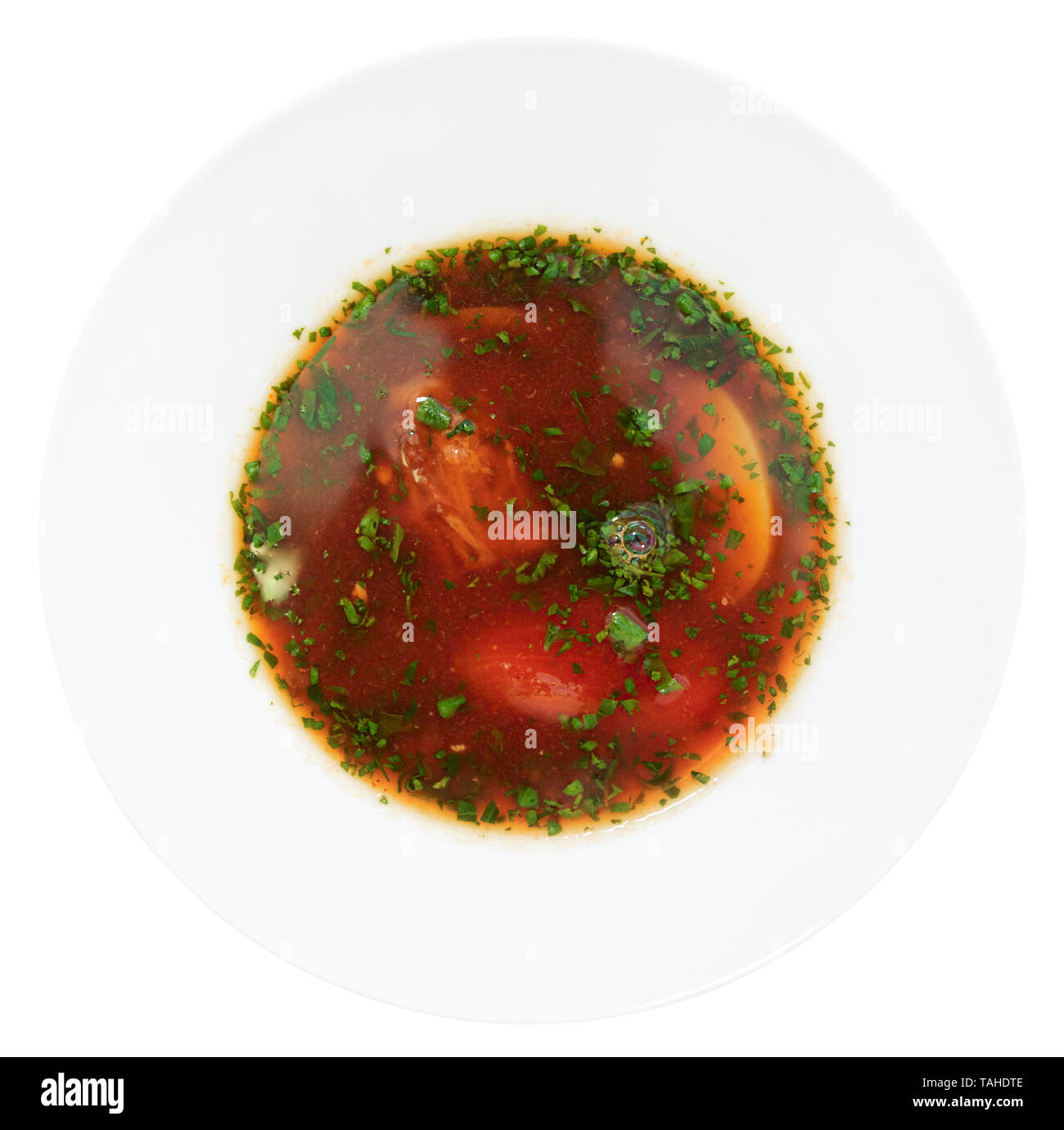 Russische Zuckerrüben-root-Suppe in Teller isoliert auf weißem Stockfoto