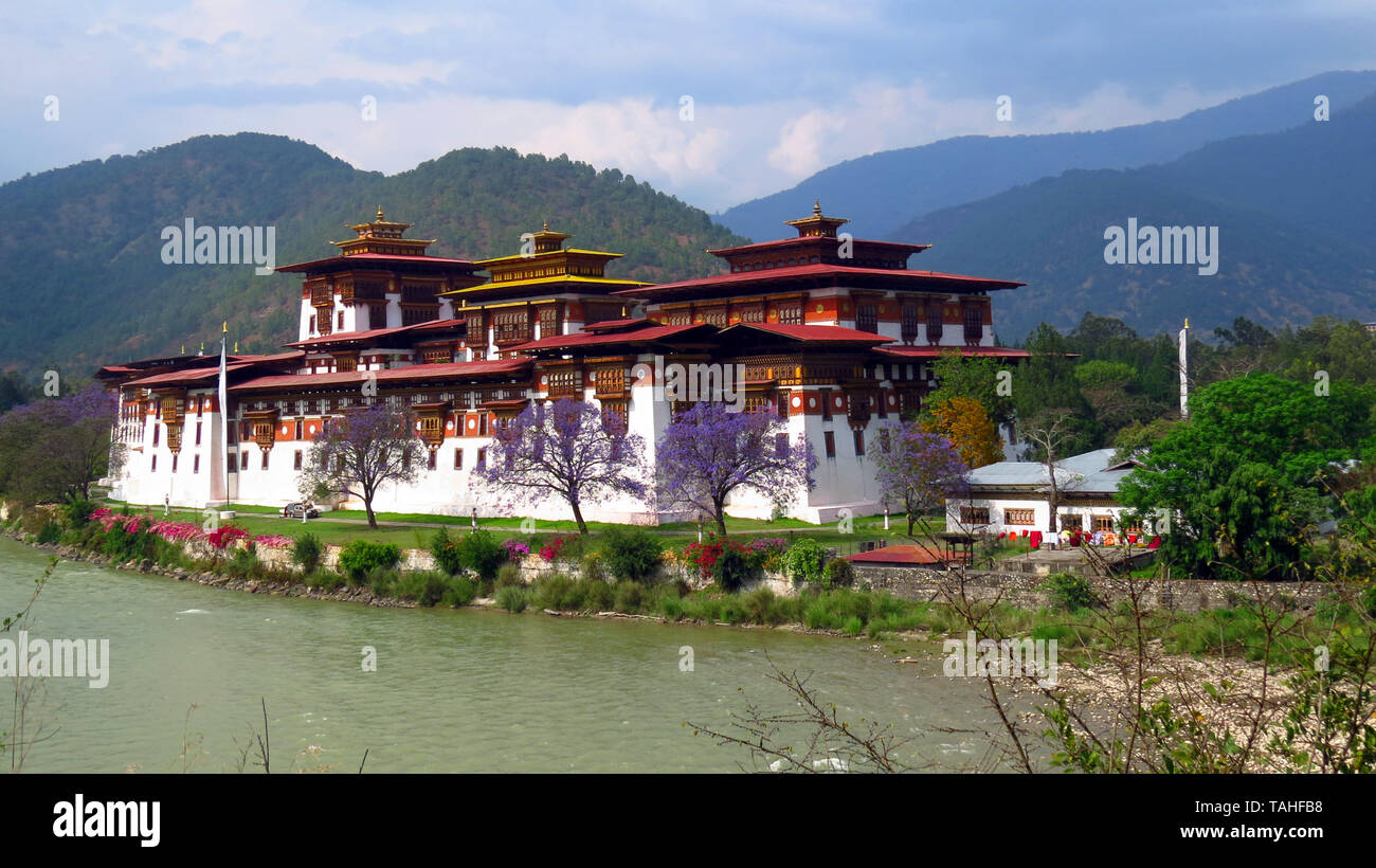 Der punakha Dzong auch als Pungtang Dewa chhenbi Phodrang bekannte Bedeutung der Palast der großen Freude und Glückseligkeit, in Bhutan. Stockfoto
