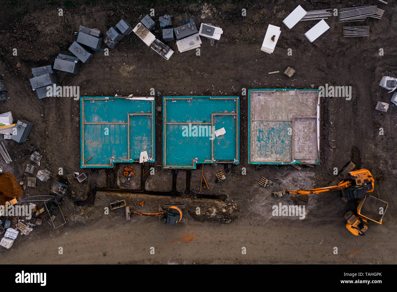 Grundlagen der neuen Häuser aus der Vogelperspektive Luftaufnahme Stockfoto