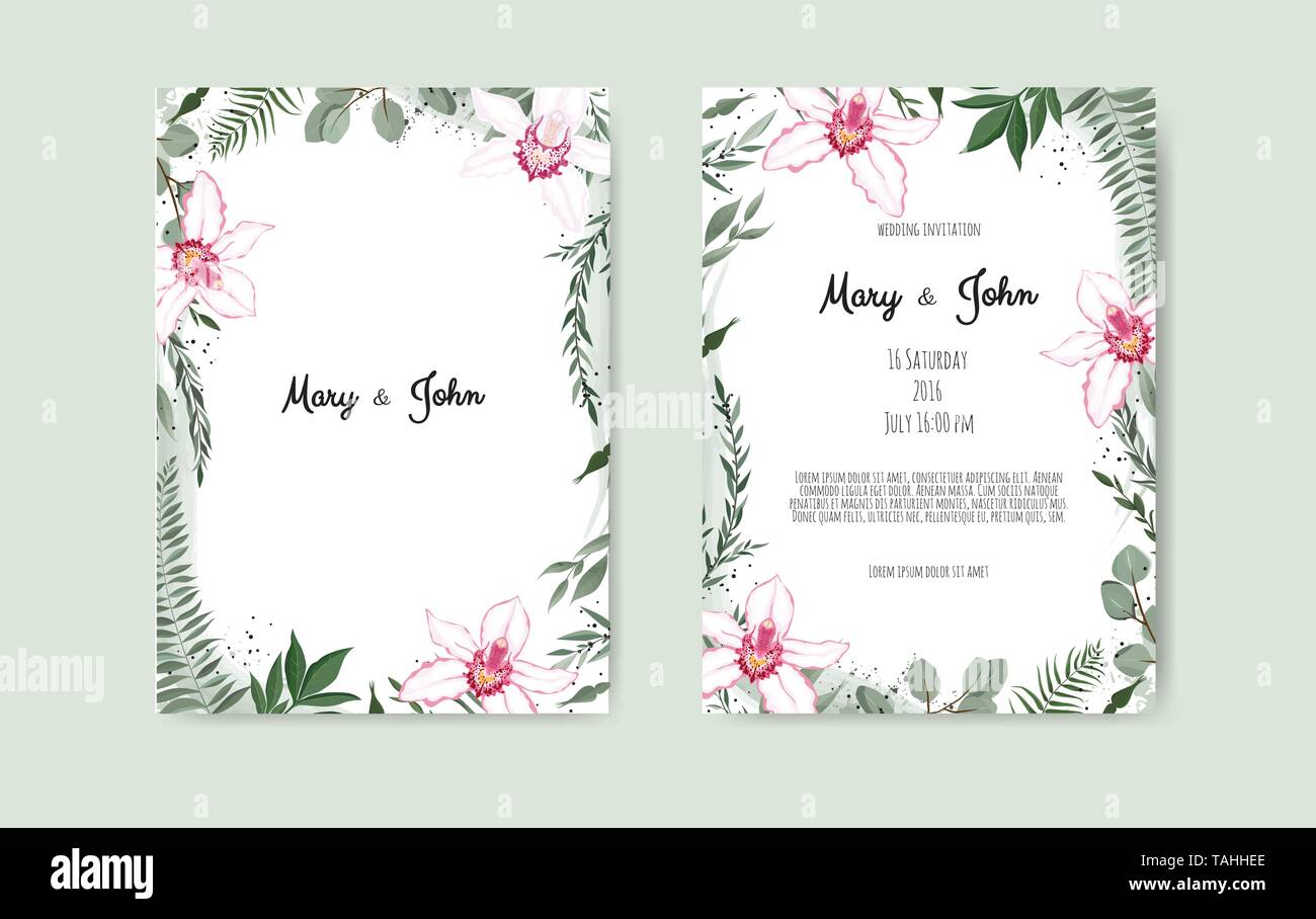 Botanische Hochzeit Einladungskarte Vorlage design, weiß und rosa Orchidee auf weißem Hintergrund. Stock Vektor