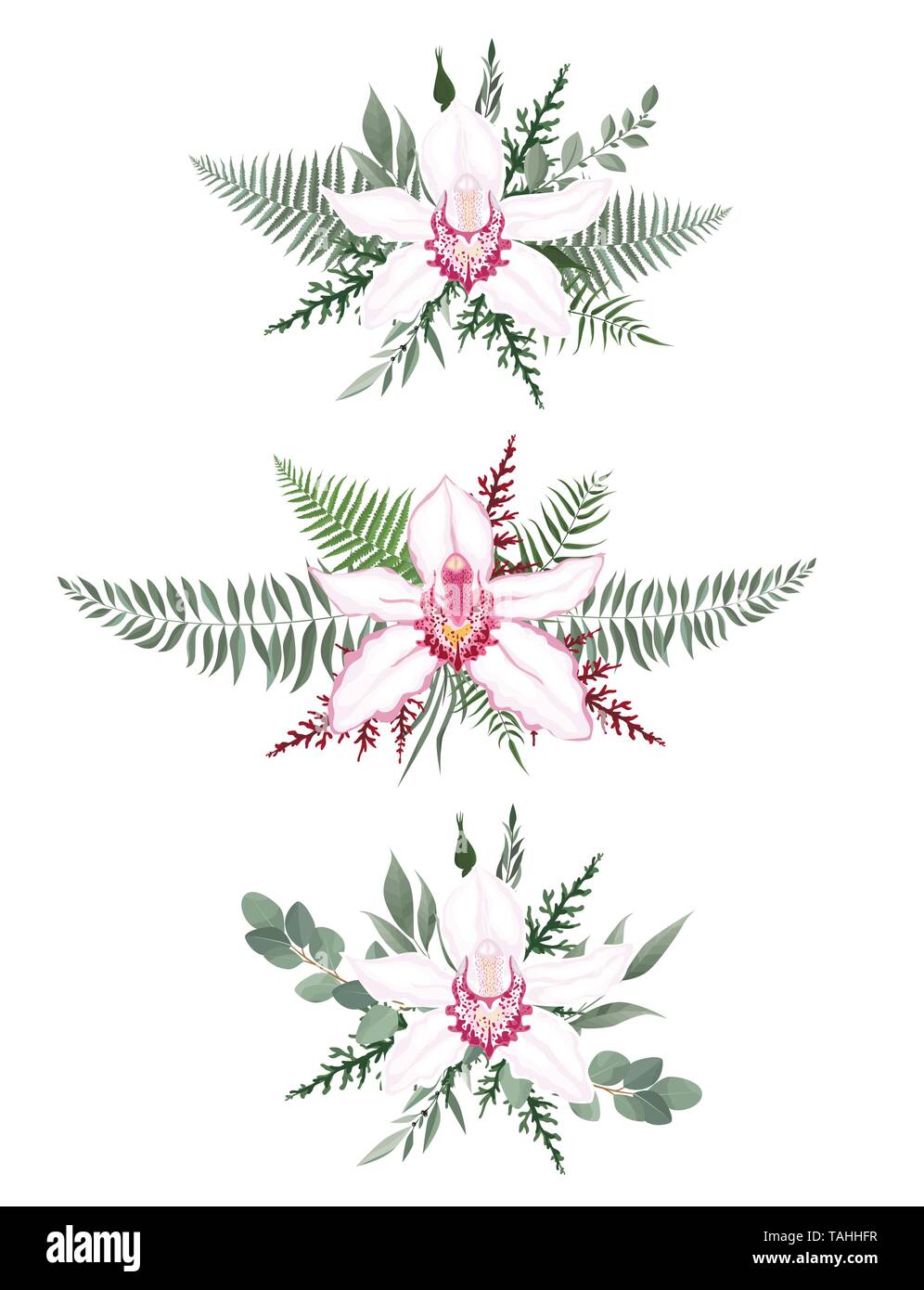Eingestellt von floralen Zweig. Blume rosa Orchidee, grüne Blätter. Hochzeit Konzept mit Blumen. Blumen Poster, einladen. Stock Vektor