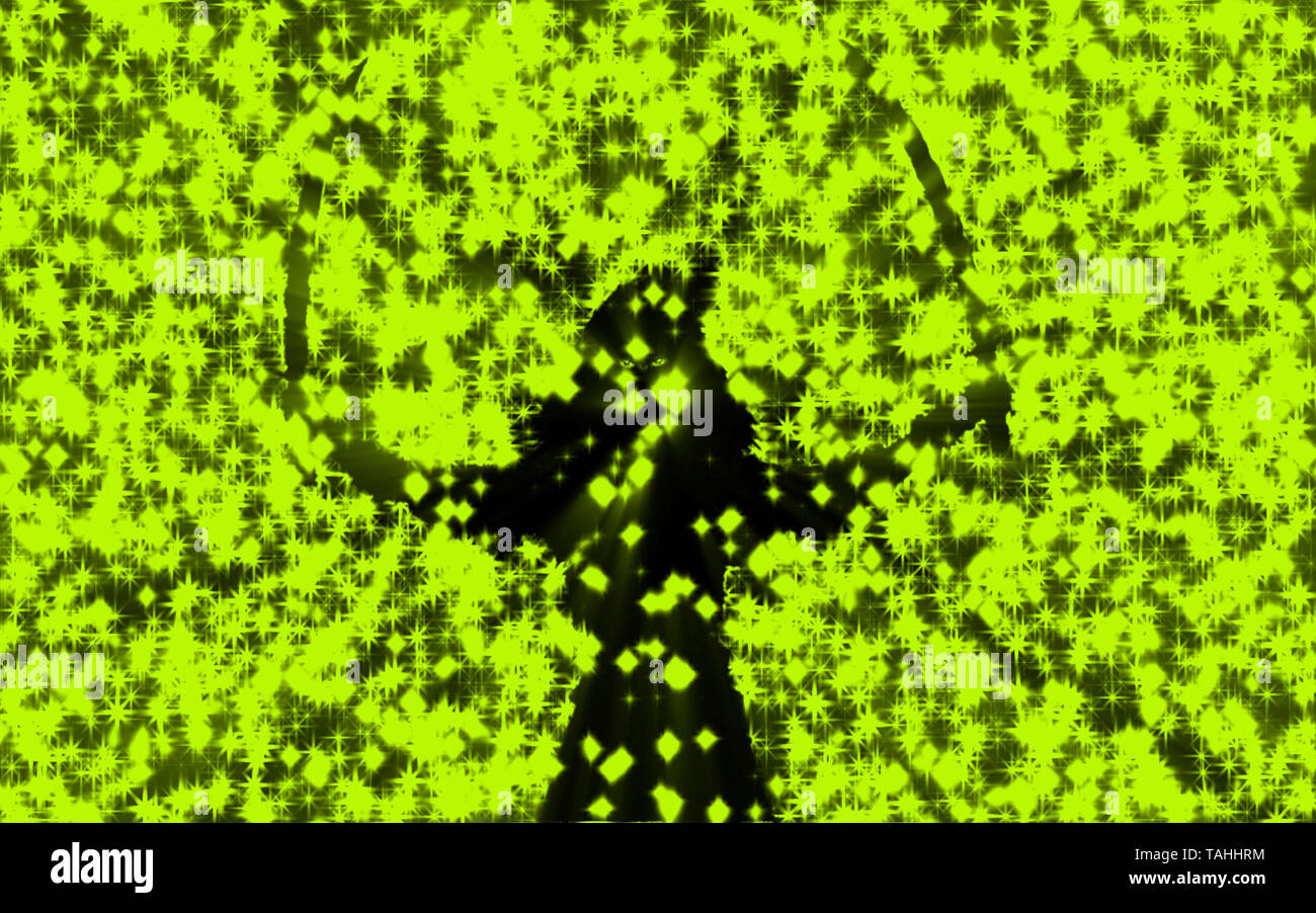 Schwarze silhouette Frau Krieger mit zwei Klingen. Regen, glänzenden Sternen. Fantasy Abbildung. Grüne Hintergrundfarbe. Stockfoto