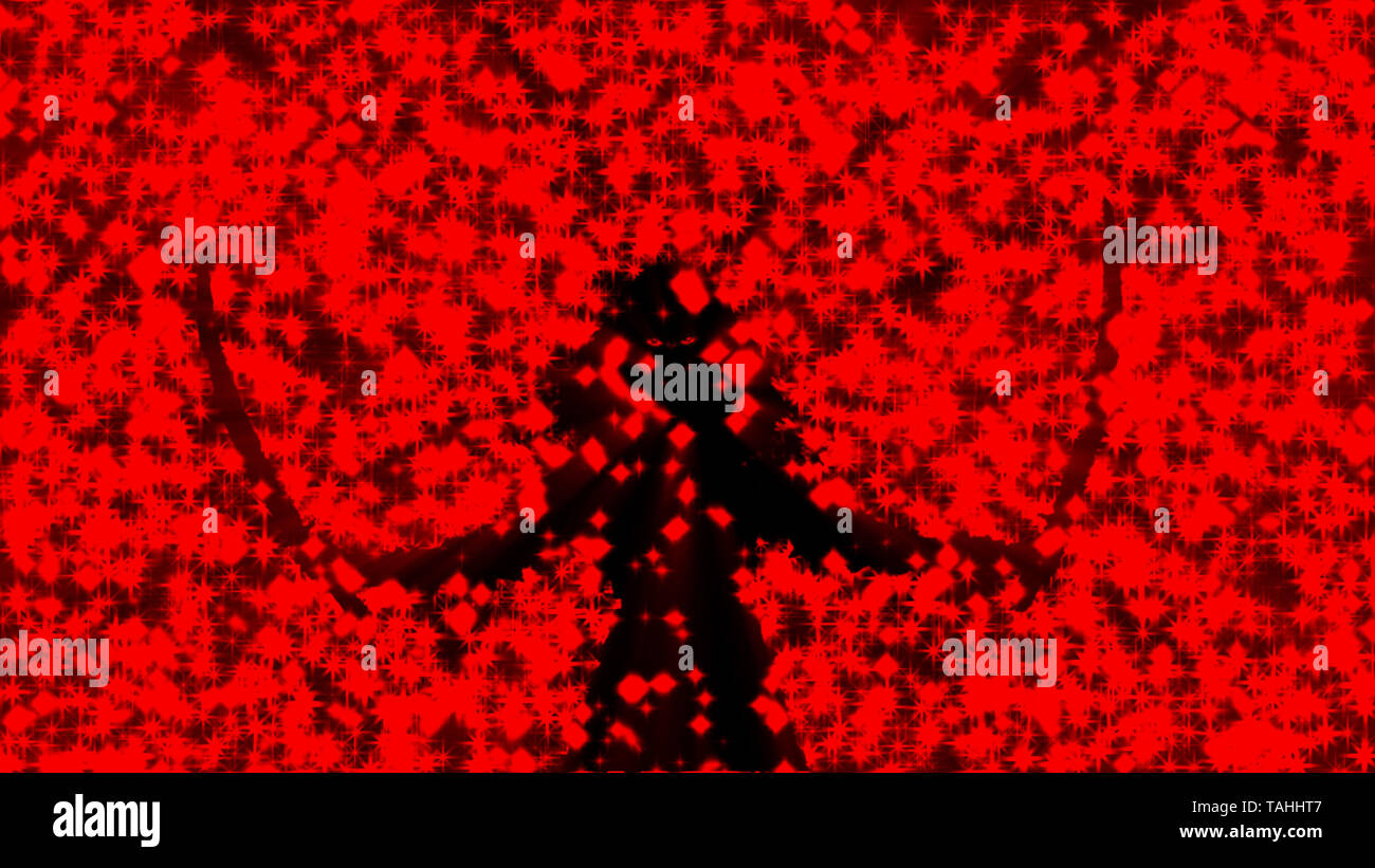 Schwarze silhouette Frau Krieger mit zwei Klingen. Regen, glänzenden Sternen. Fantasy Abbildung. Hintergrund rot. Stockfoto