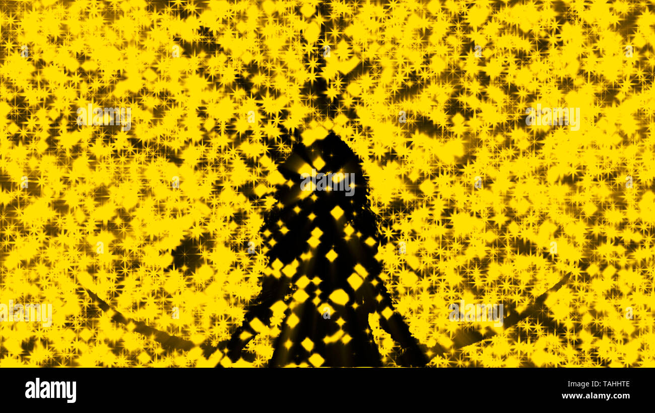 Schwarze silhouette Frau Krieger mit zwei Klingen. Regen, glänzenden Sternen. Orange Hintergrundfarbe. Fantasy Abbildung. Stockfoto