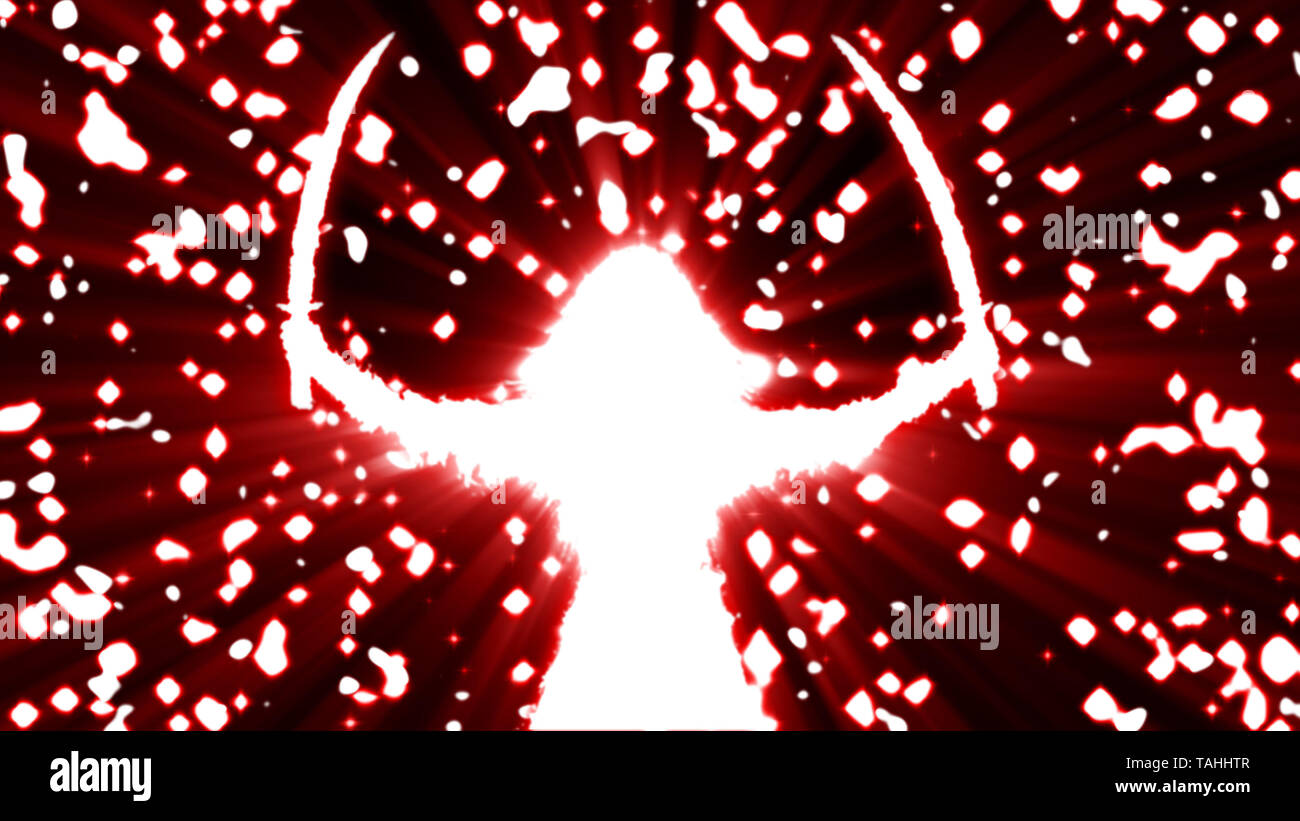 Glänzende Krieger Mädchen weiße Silhouette mit zwei Schwerter. Der glühende Partikel. Fantasy Abbildung. Rot und Schwarz Hintergrundfarbe. Stockfoto