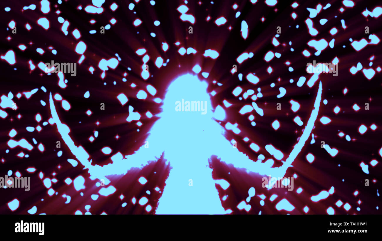 Blaue silhouette Frau Krieger mit zwei Klingen. Regen, glänzenden Sternen. Fantasy Abbildung. Stockfoto