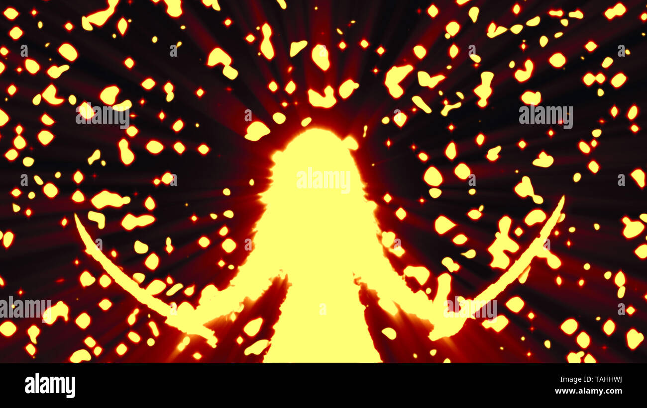 Orange Silhouette Frau Krieger mit zwei Klingen. Regen, glänzenden Sternen. Fantasy Abbildung. Stockfoto