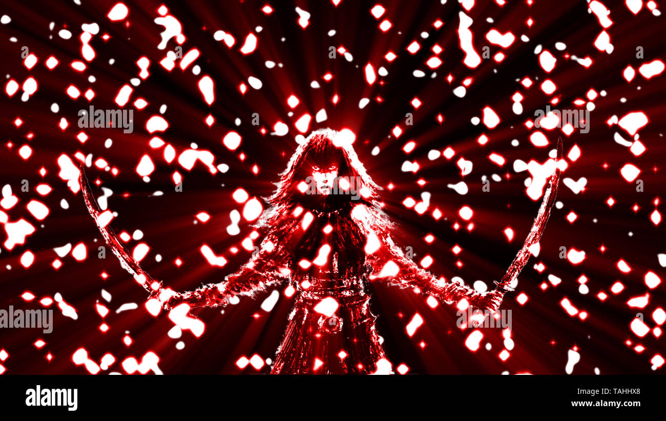 Schwarze silhouette Frau Krieger mit zwei Klingen. Regen, glänzenden Sternen. Fantasy Abbildung. Hintergrund rot. Stockfoto