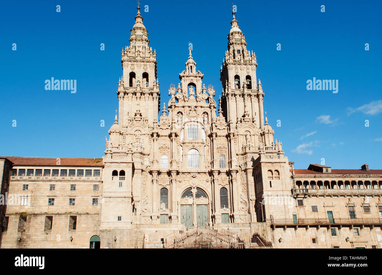 Der Jakobsweg, der Kathedrale von Santiago, Praza do Obradoiro, Santiago de Compostela in Spanien. Stockfoto
