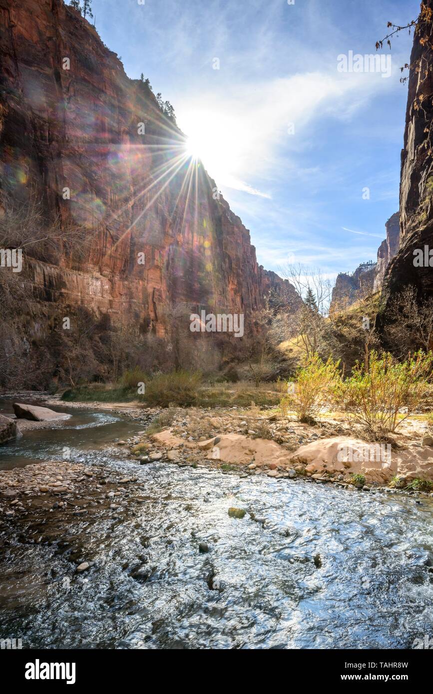 Die Sonne scheint über Felsen, Fluss Virgin River fließt durch den Zion Canyon, Riverside Walk, die Narrows, Zion National Park, Utah, USA Stockfoto