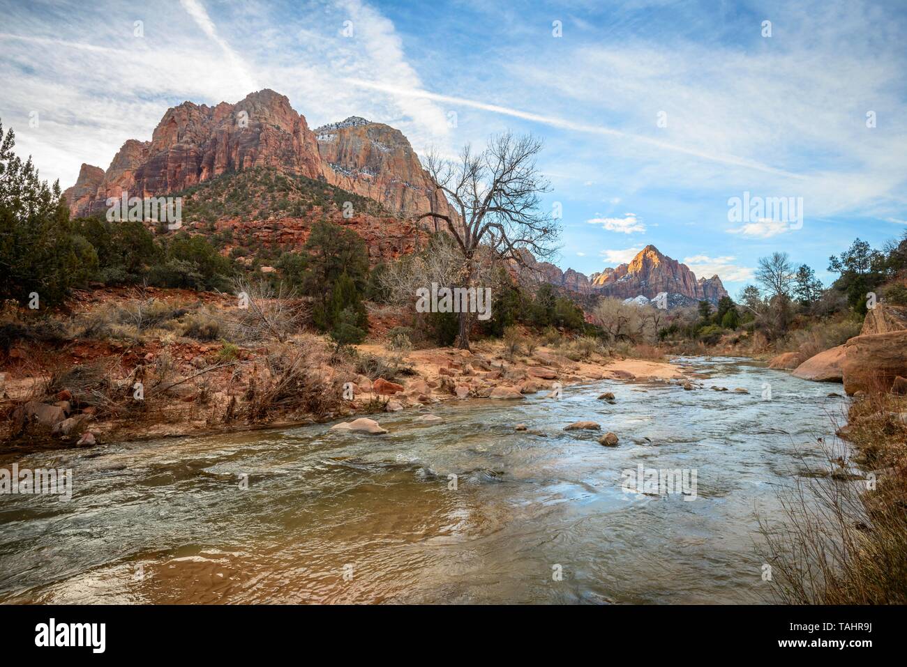 Fluss Virgin River fließt durch den Zion Canyon, links Mountain bridge Mountain, Canyon Junction Brücke, Zion National Park, Utah, USA Stockfoto