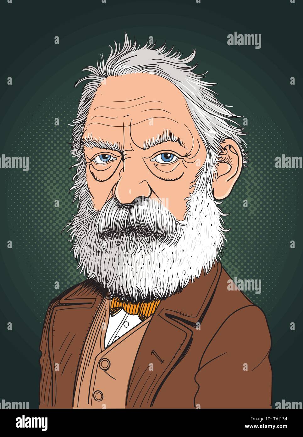 Victor Marie Hugo cartoon Portrait im Einklang Art Illustration. Er war ein französischer Dichter, Romancier und Dramatiker der romantischen Bewegung. Stock Vektor
