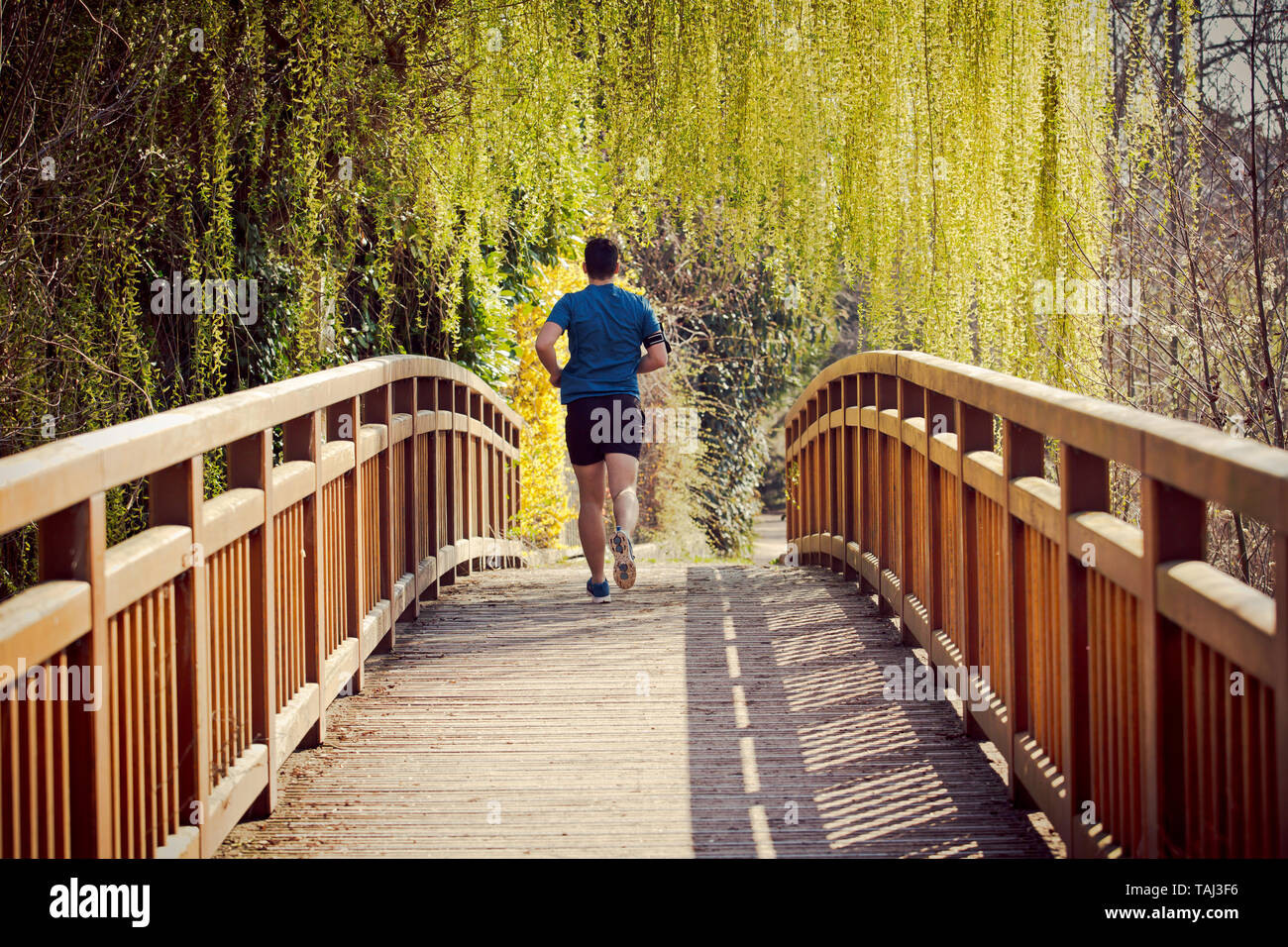 Rückansicht männliche Läufer, die in einer Stadt park über Bridge Training für Fitness. Gesunder Lebensstil Konzept. Training joggen Aktivität, dynamische Läufer an Stockfoto