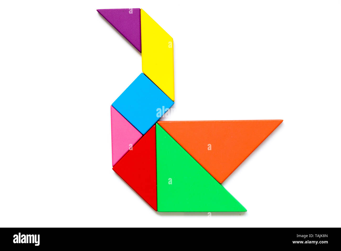 Farbe Holz tangram Puzzle im Swan Form auf weißem Hintergrund Stockfoto