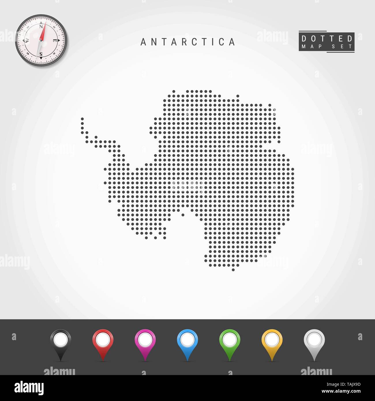 Vector Dots Karte der Antarktis. Einfache Silhouette der Antarktis. Realistische Vektor Kompass. Mehrfarbige Karte Stifte Stock Vektor