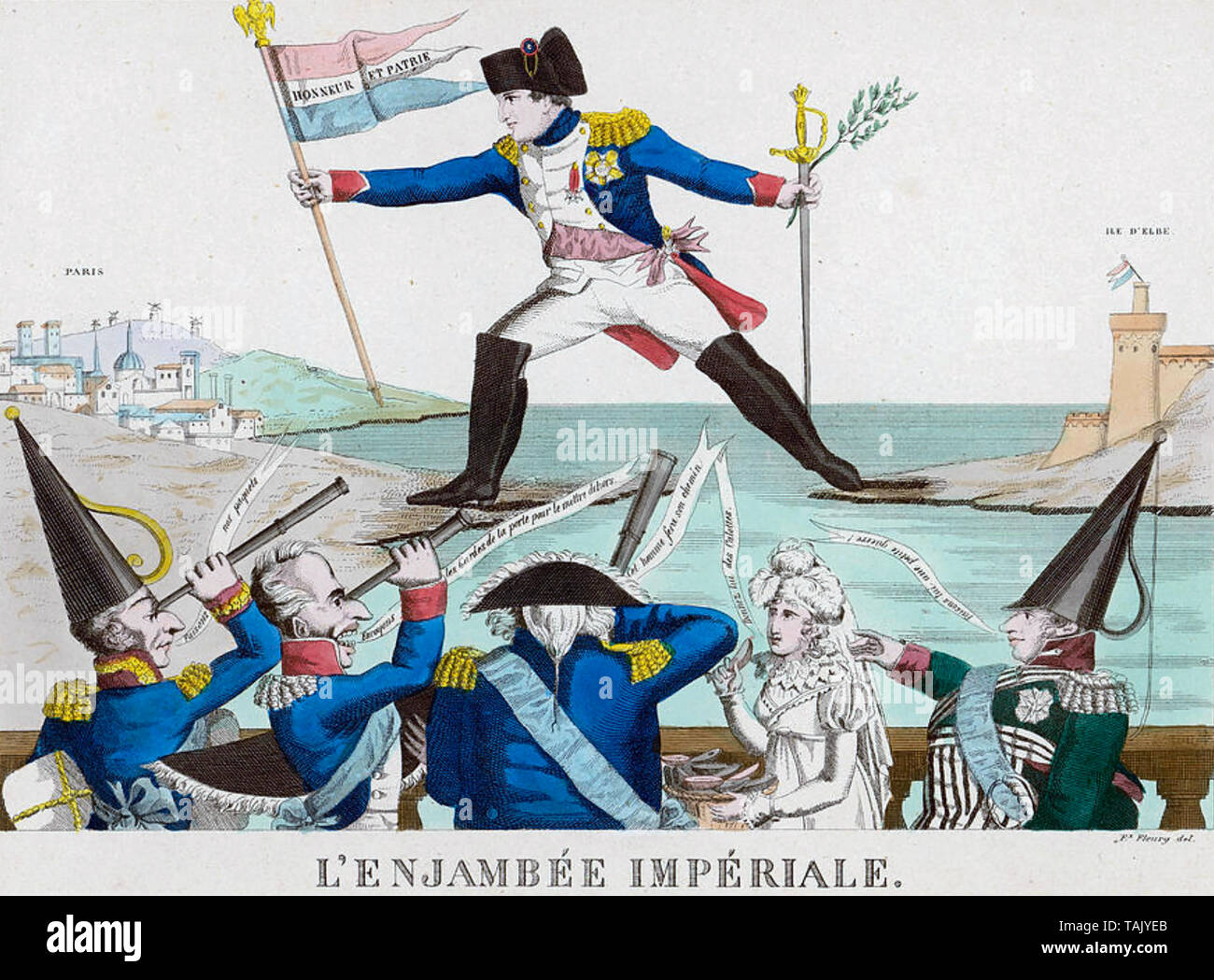 NAPOLEON entweicht aus Elba in einem 1815 Cartoon Stockfoto