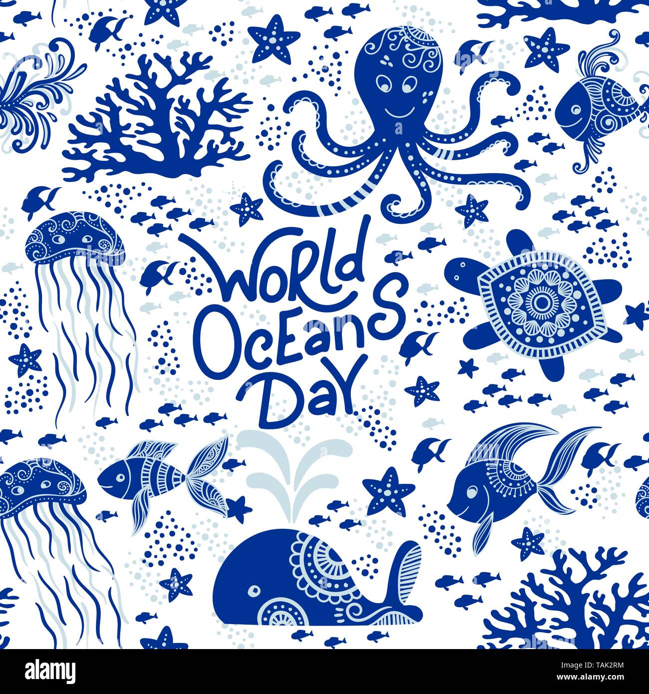 World Ocean day Hand gezeichnet Schriftzug und Unterwasser Tiere. Quallen, Wale, Octopus, Seesterne und Schildkröten. Nahtlose Muster Hintergrund. Vector Illustration doodle Stil. Ozean Konzept Schützen Stock Vektor