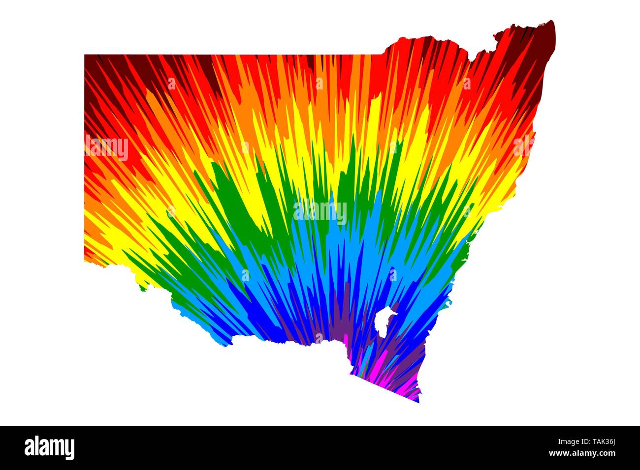 New South Wales (die australischen Bundesstaaten und Territorien, NSW) Karte ausgelegt ist Rainbow abstrakte farbenfrohe Muster, New South Wales Karte aus Farbe explosio Stock Vektor