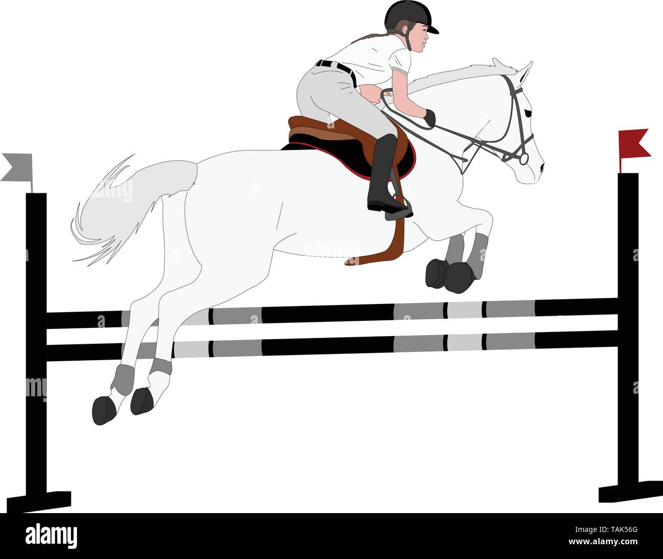 Springen zeigen. Pferd mit Jockey springen eine Hürde Farbe Illustration - Vektor Stock Vektor