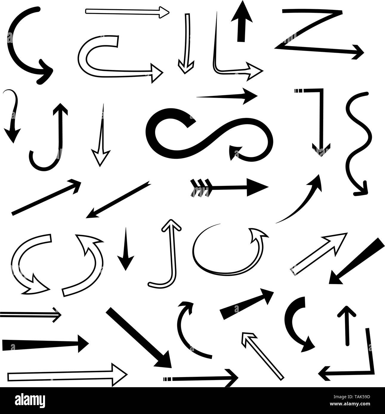 Pfeile gesetzt. Mixed Style flache schwarze Symbole Stock Vektor