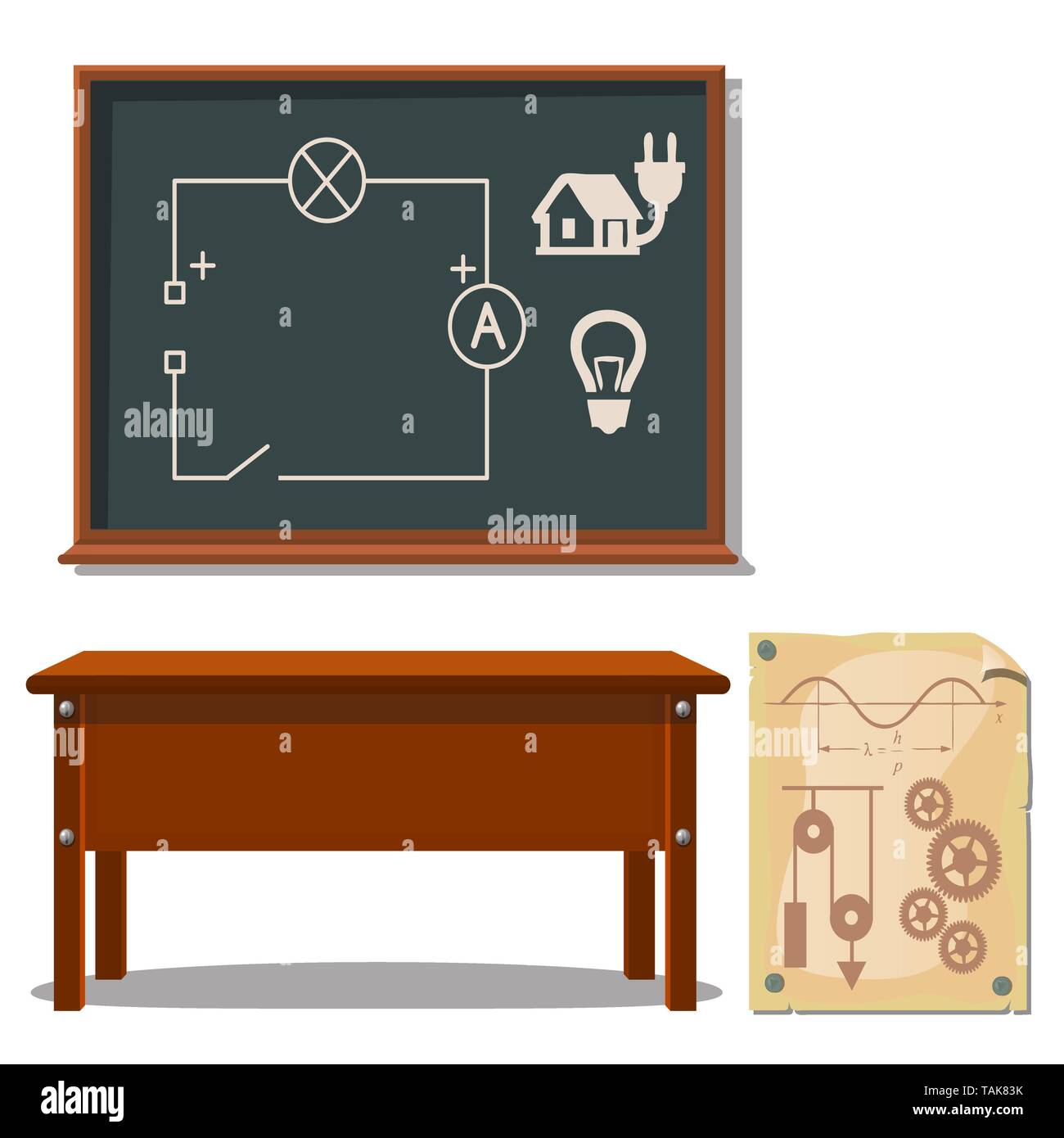 Die einfachste elektronische Schaltung auf einer Tafel auf einem weißen Hintergrund. Physik Unterricht in der Schule. Vektor cartoon Close-up Abbildung. Stock Vektor