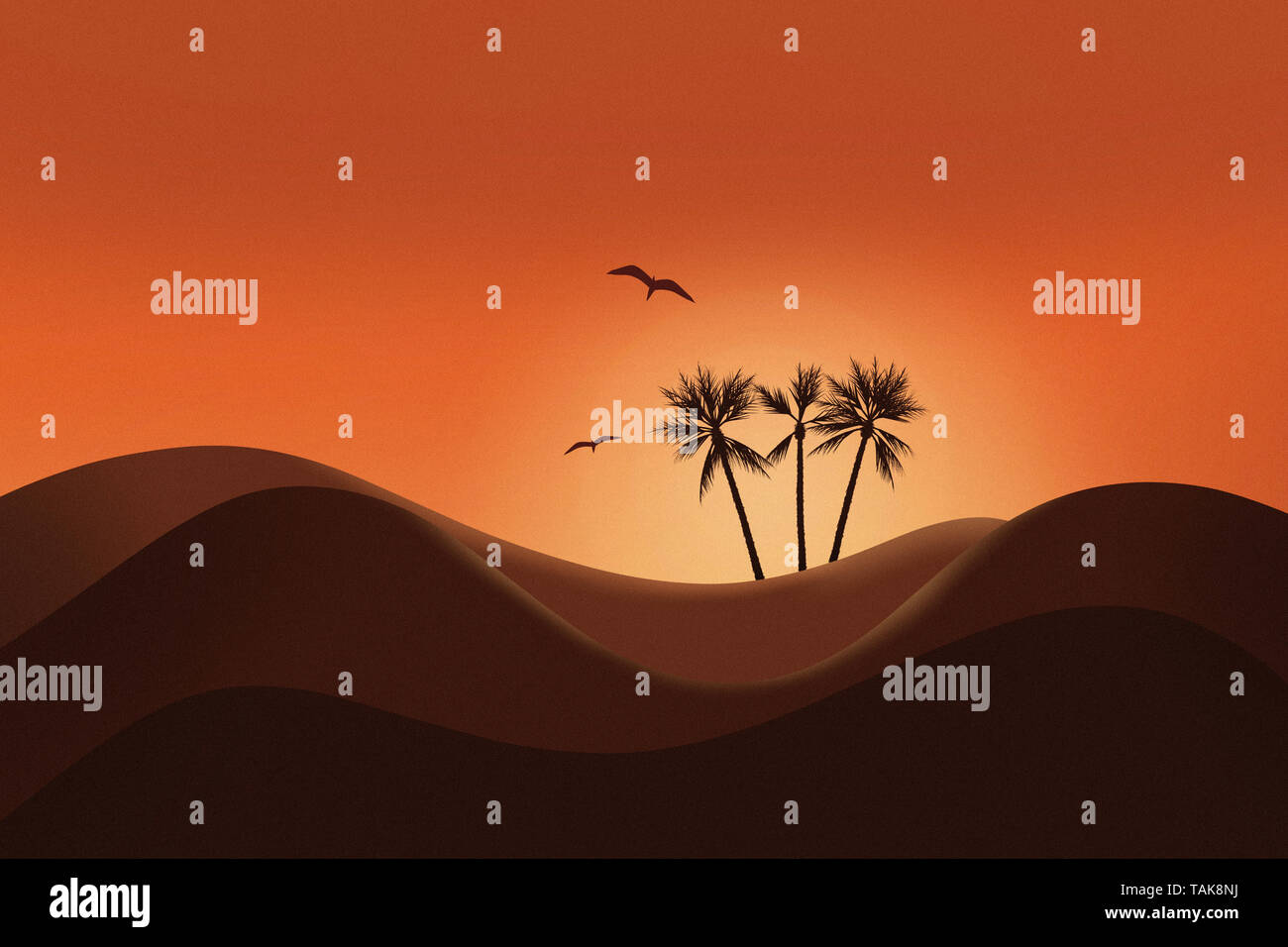 Schönen Sonnenuntergang und die Silhouette der Landschaft der Wüste mit glühenden Himmel und Palmen. Stockfoto