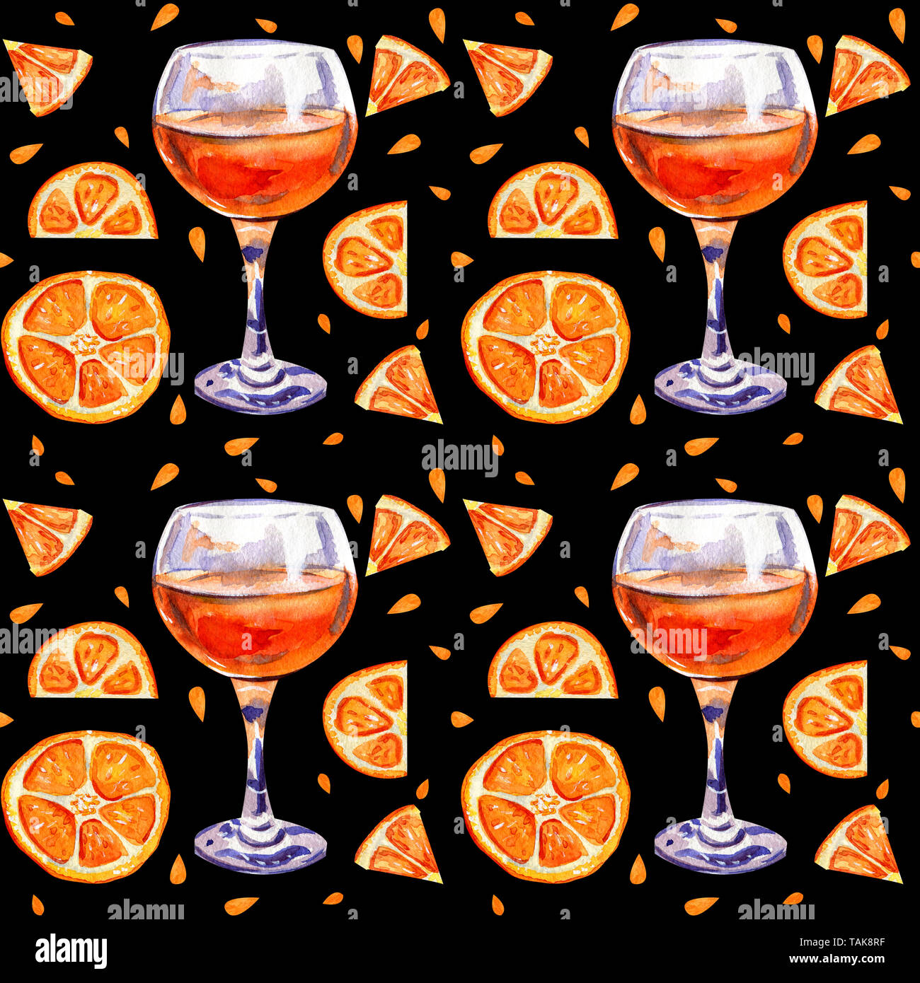 Nahtlose Hintergrund mit Zitronensaft. Orangenscheiben auf schwarzem Hintergrund. Tropischen Cocktail. Alkoholfreien Cocktail. Sommer Konzept. Wasser Stockfoto