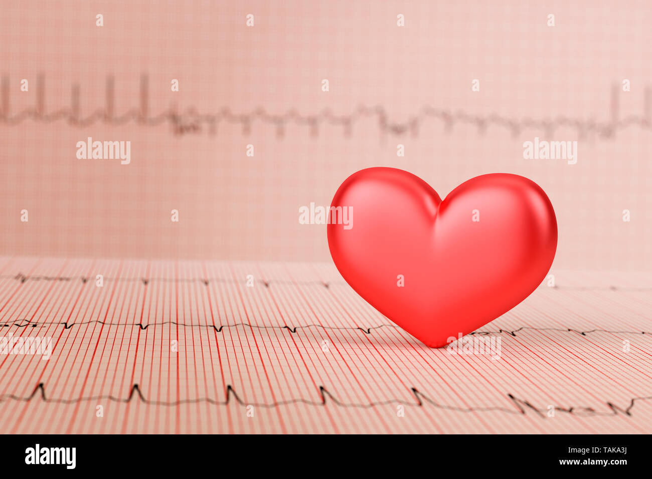 Herz mit elektrokardiogrammtest im Hintergrund. Gesundheit Konzept. 3D-Rendering Stockfoto