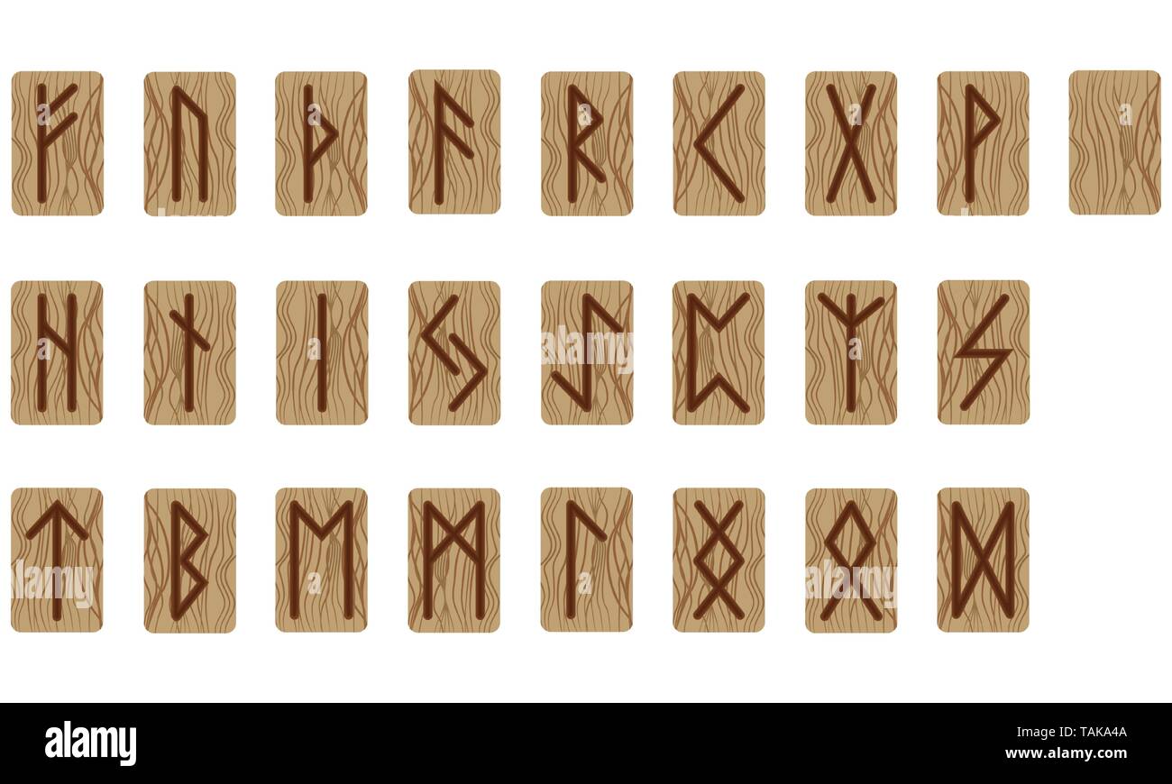 Eine Reihe von vierundzwanzig Runen und eine Leere. Skandinavisch. Nachahmung das Verbrennen von Holz. Holz Textur Stock Vektor