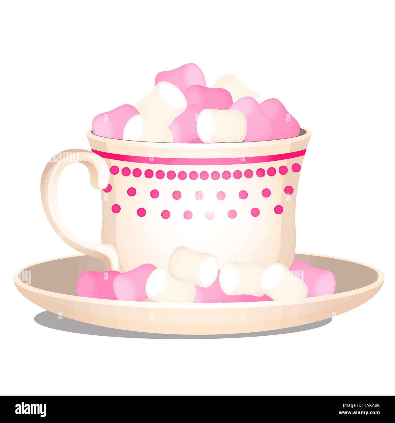 Porzellan Tasse mit einem süßen Nachtisch von Marshmallows auf weißem Hintergrund gefüllt. Vektor Cartoon Illustration close-up. Stock Vektor