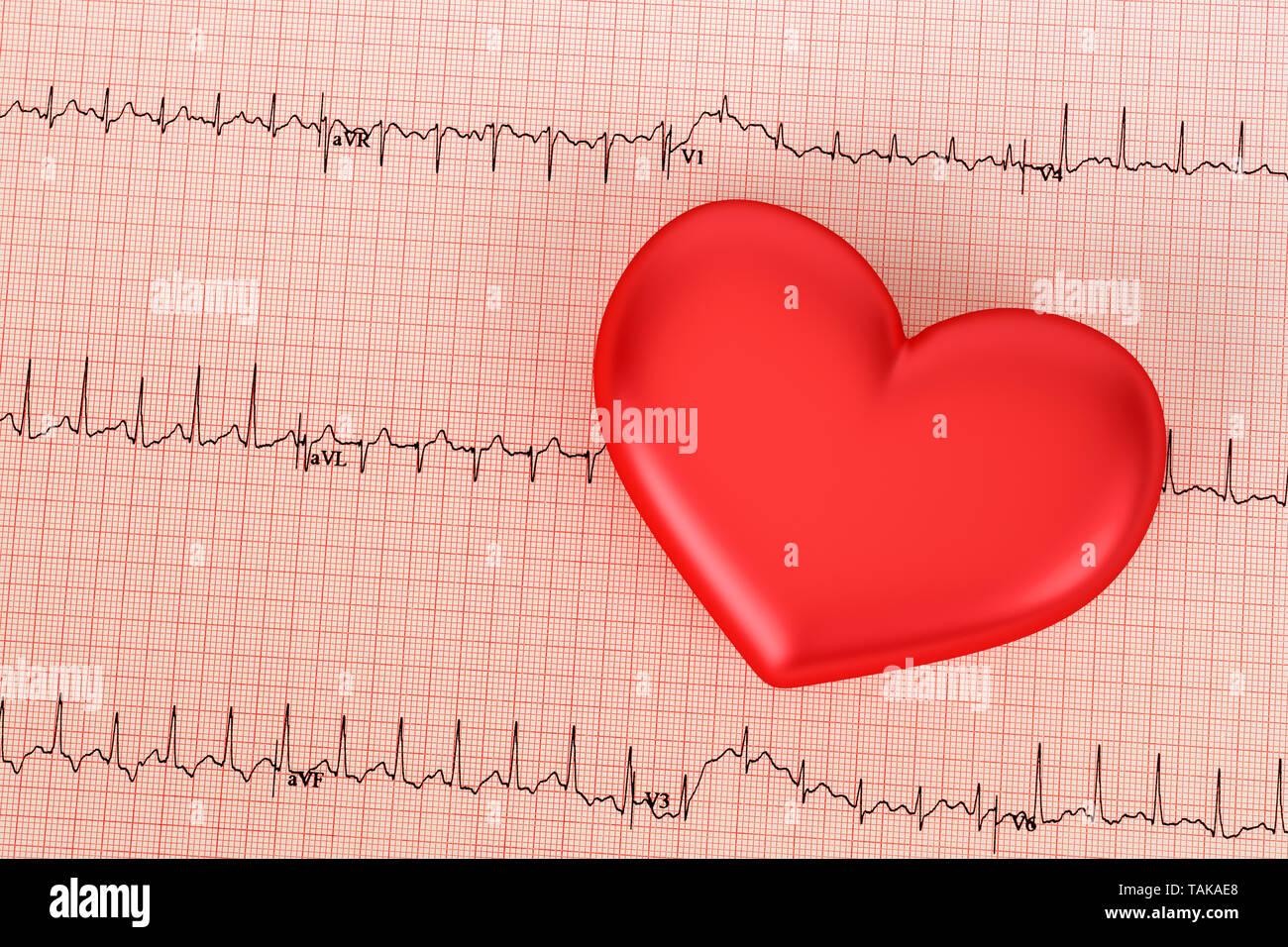 Herz mit elektrokardiogrammtest im Hintergrund. Gesundheit Konzept. 3D-Rendering Stockfoto