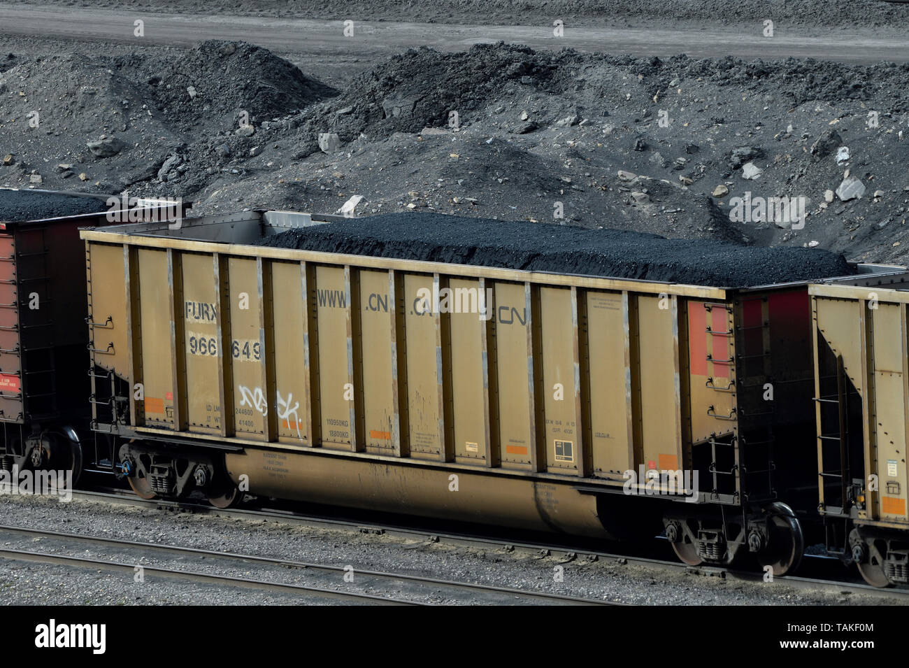 Eine kanadische National Rail Auto mit Kohle Erz aus einem Kohlebergwerk in den Ausläufern der Rocky Mountains von Alberta Kanada geladen. Stockfoto