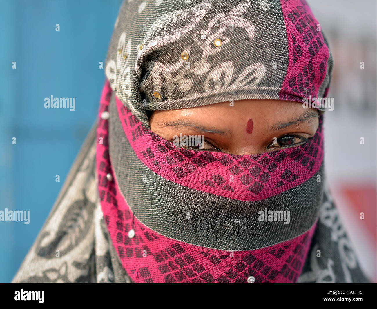 Junge indische Rajasthani Frau mit einem roten Bindi auf ihrer Stirn bedeckt ihr Gesicht mit einer säkularen Staub Schleier. Stockfoto