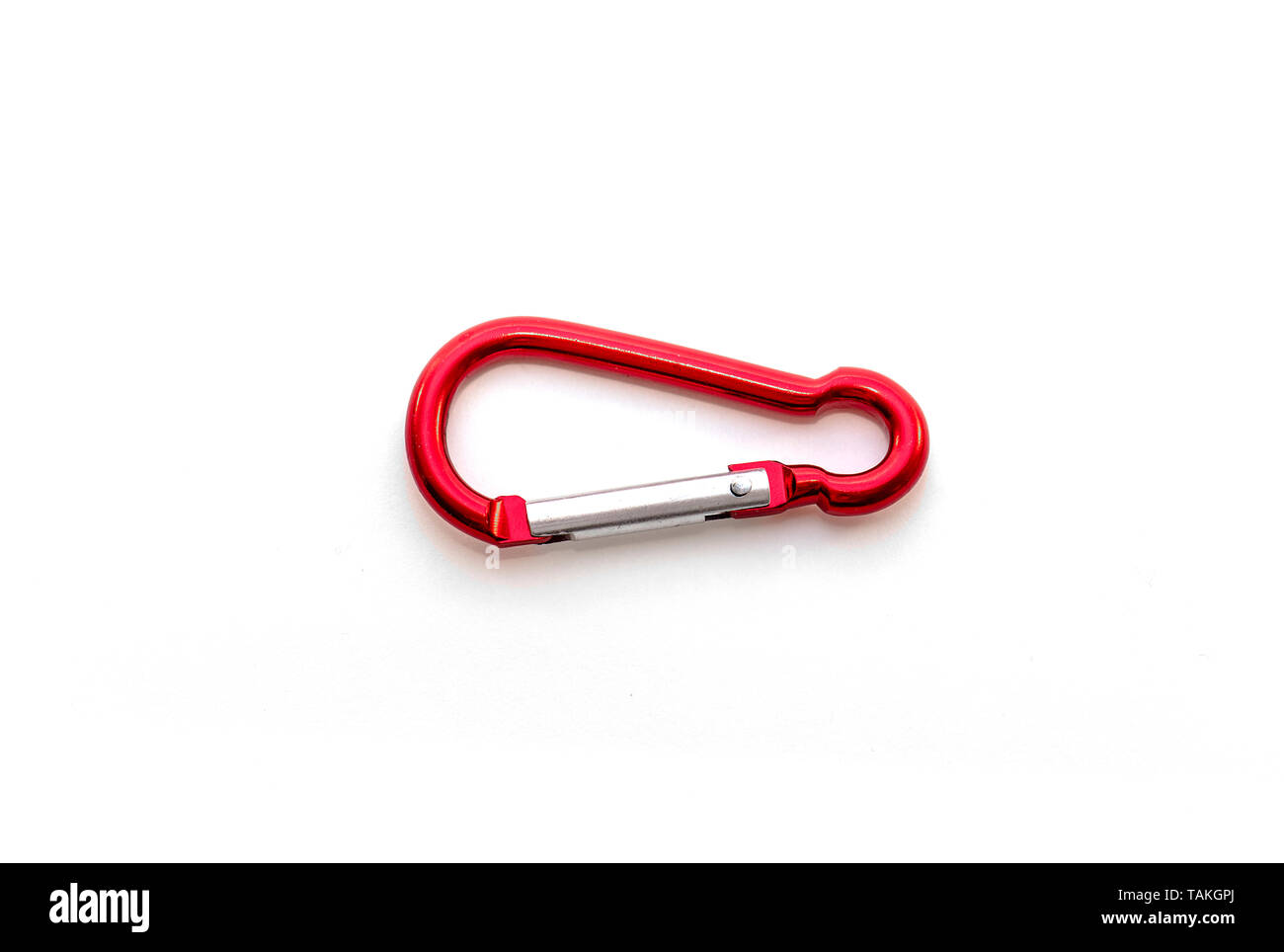 Rot Aluminium Karabiner isoliert auf weißem Hintergrund Stockfoto