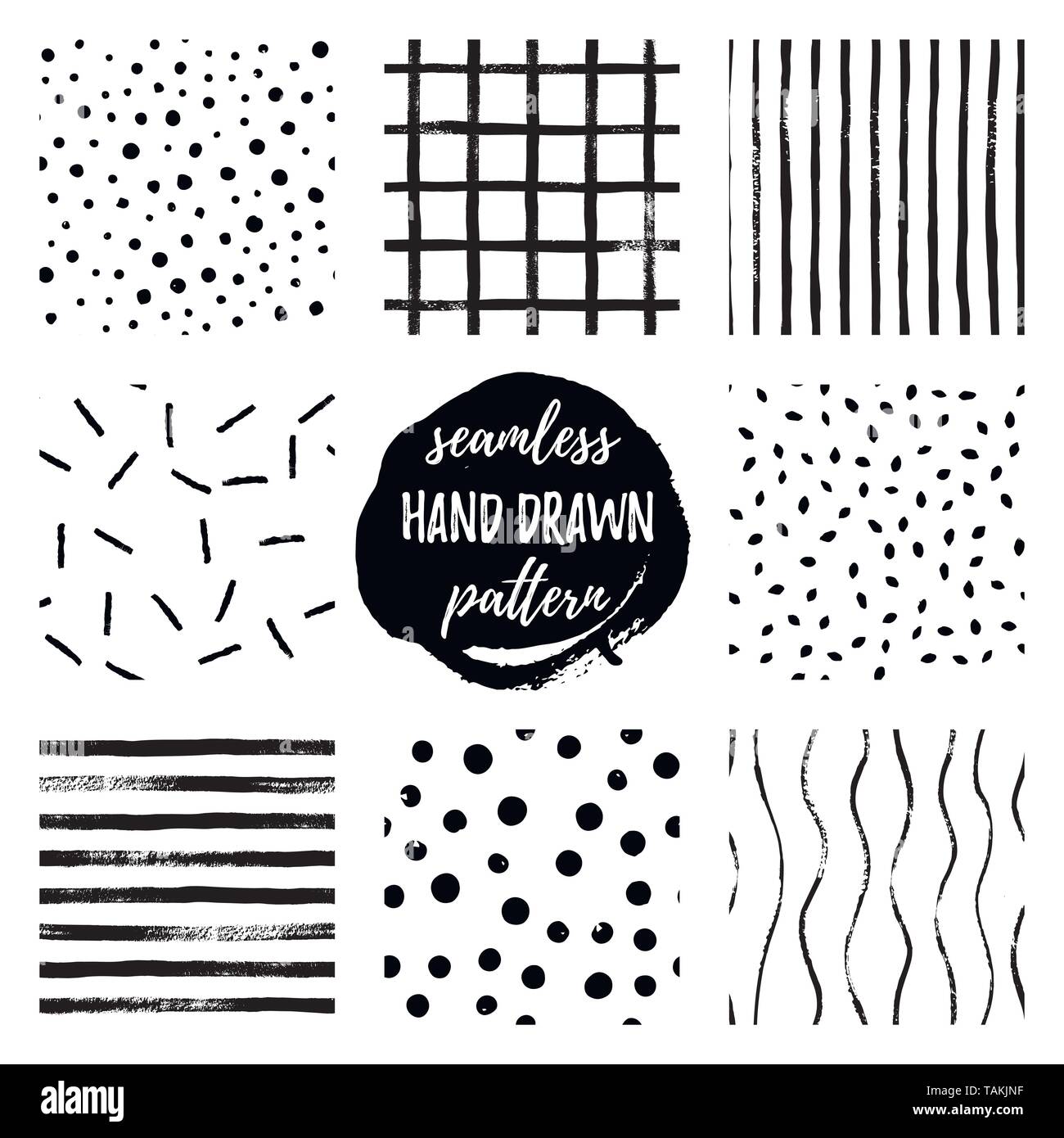 Set schwarz und weiß Hand zeichnen Vektor nahtlose Muster Streifen, Raster, Polka Dot. Endlose Texturen in Schwarzweiß. Im skandinavischen Stil. Stock Vektor