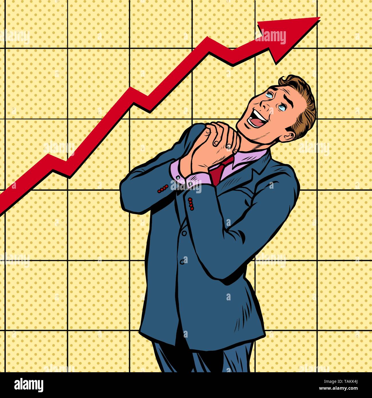 Freudige Geschäftsmann Wachstumsdiagramm. Pop Art retro Vektor illustration Vintage kitsch Stock Vektor